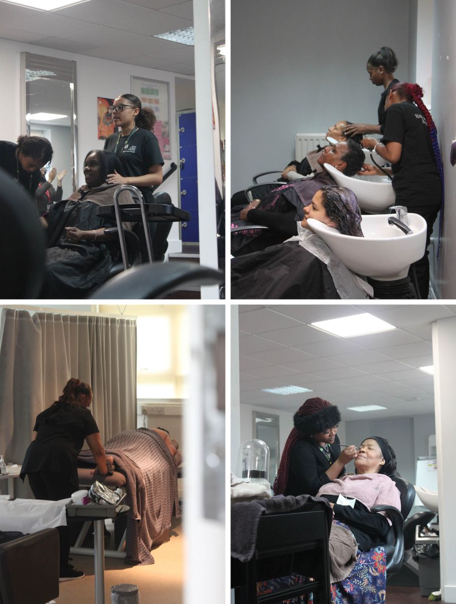 Four photos showing massages, haircuts, and makeup application by students to guests in the colleges training salon, The Atrium