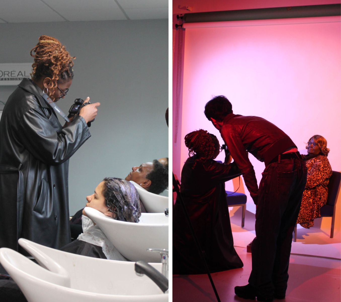 Two photos of Creative Arts & Media students photographing guests in the salon and photography studio